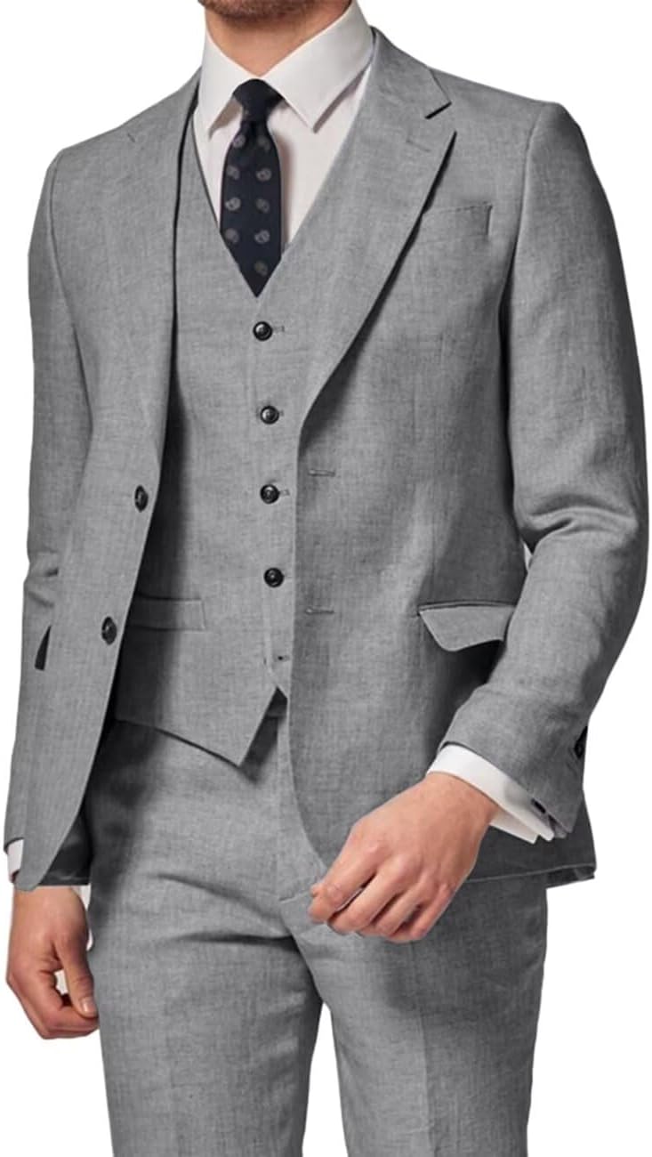 3 Piece Summer Linen Suits for Men, Men Slim Fit Suit Set Two Buttons Casual Solid Blazers Vest Pants Set for Wedding Party