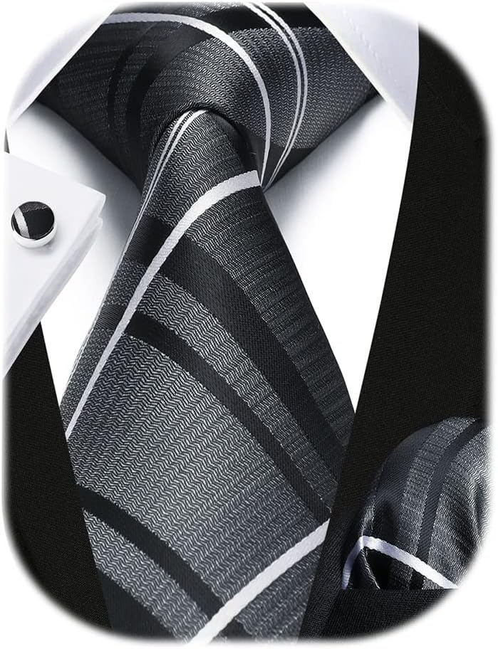 Mens Ties Set Stripe Plaid Ties for Men and Pocket Square Cufflinks Formal Silk Necktie Wedding Business