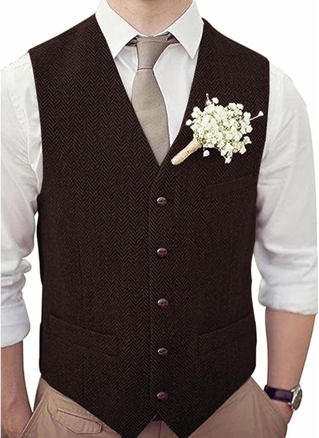 Men V-Neck Suit Vests Slim Fit Casual Business Formal Herringbone Tweed Wool Waistcoat Wedding Groomsmen Suit Vest